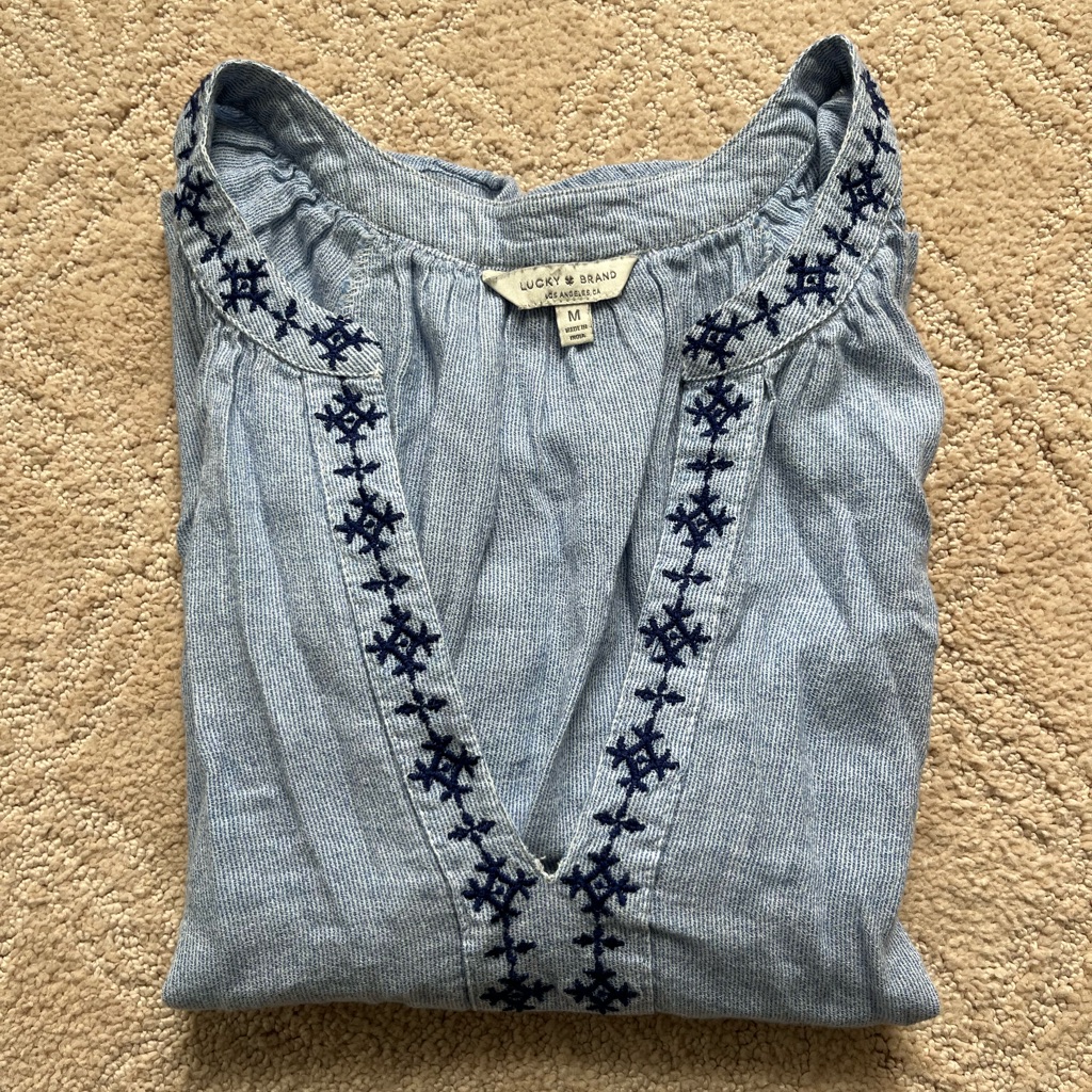 Lucky Brand Light Blue Top With Navy Embroidery